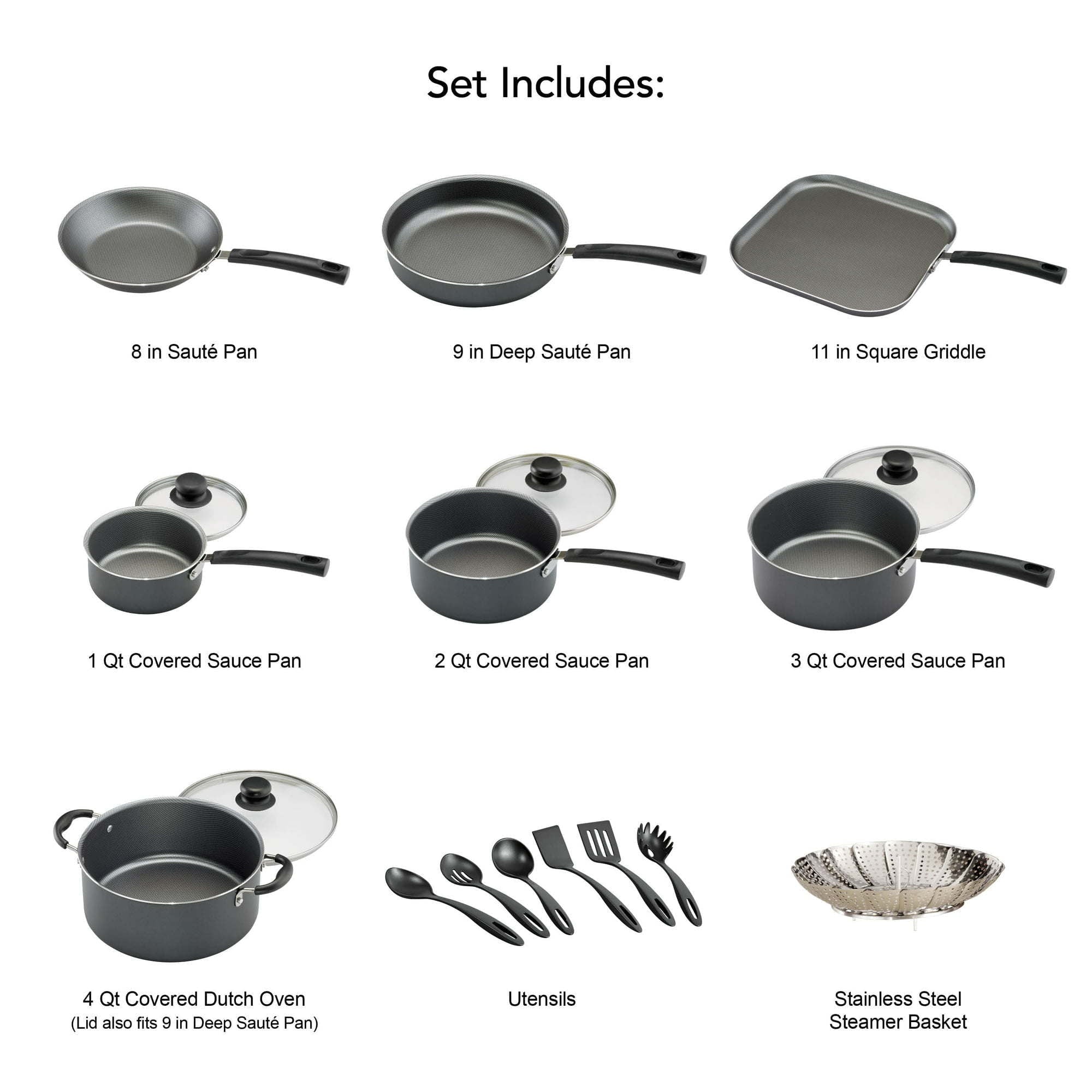 18 Piece Non-stick Steel Gray Cookware Set C9013