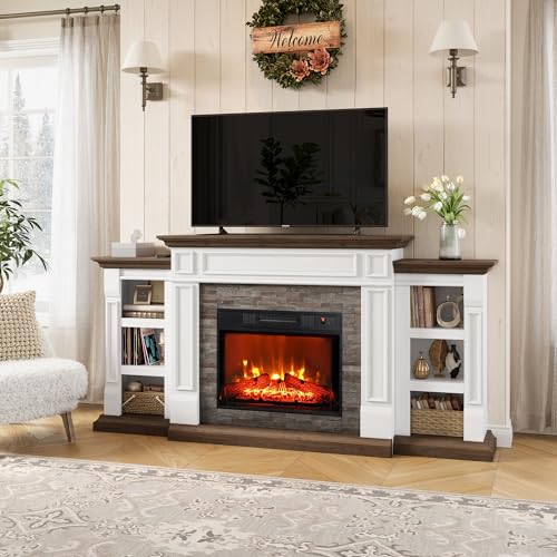 Electric Fireplace with Mantel, TV Stand, Realistic Stacked Stone Surround with Remote Control A93550