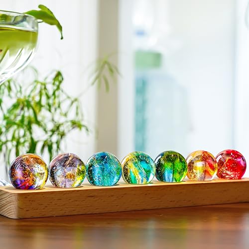 7 Pcs Crystal Glass Decorative Ball Set with LED Wooden Base X3427