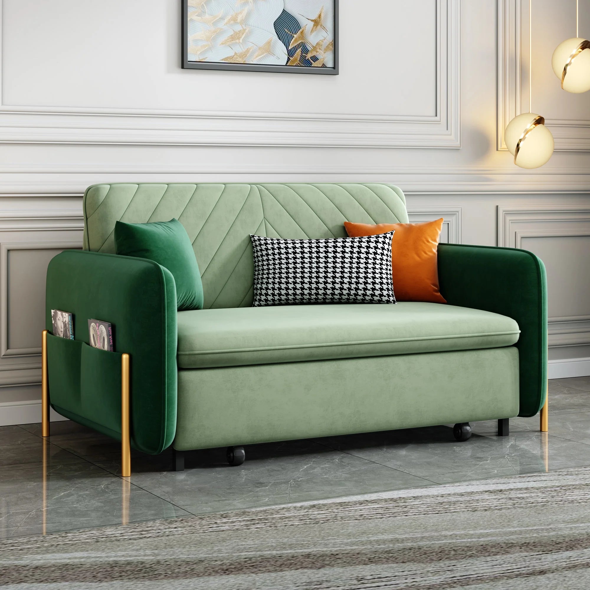 Green Velvet Convertible Sleeper Sofa X17530