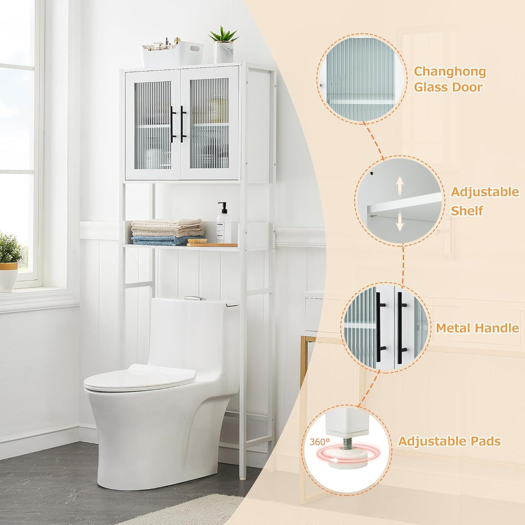 White Over The Toilet Storage Cabinet with Glass Doors and Adjustable Shelves I888