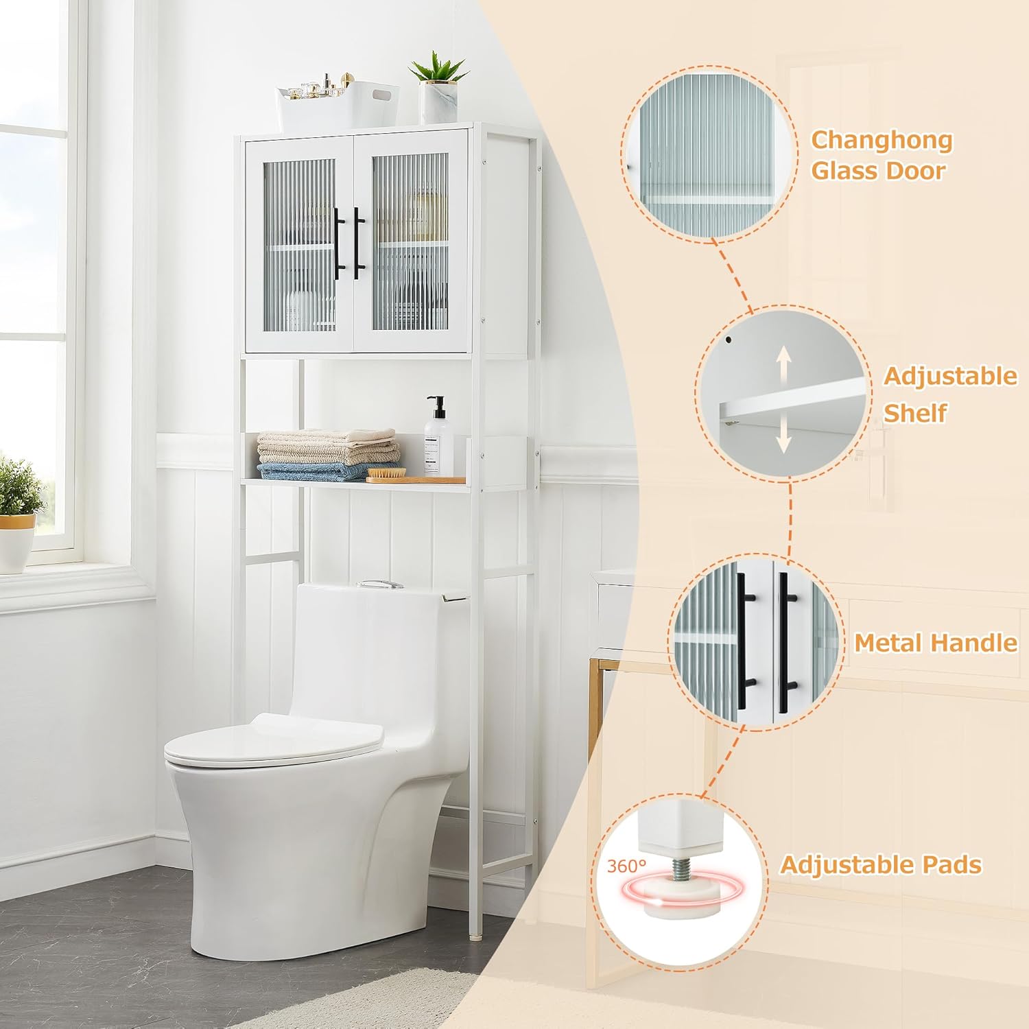 White Over The Toilet Storage Cabinet with Glass Doors and Adjustable Shelves I888