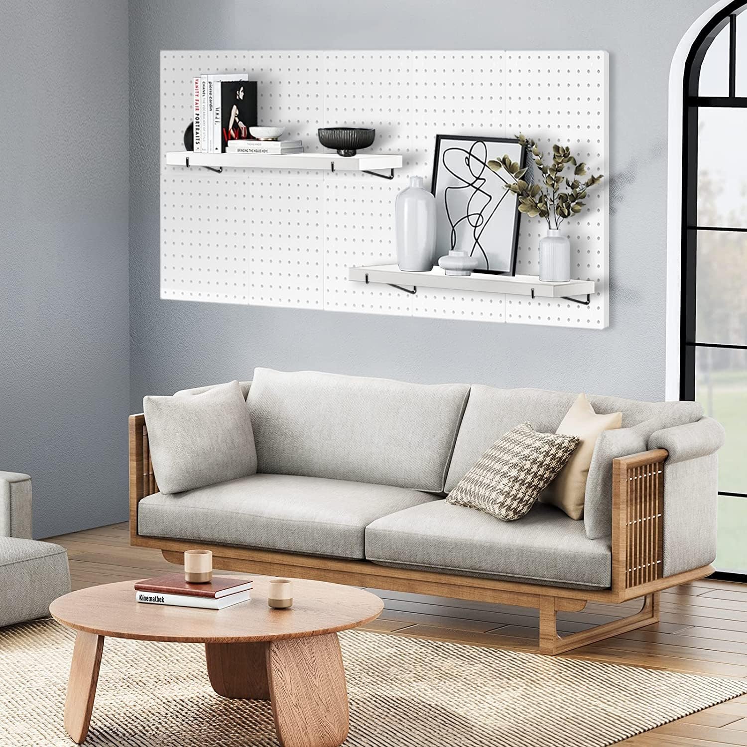 White Stain-Resistant Pegboard Shelf Set with Steel Brackets and Hooks, Pack of 2 O222