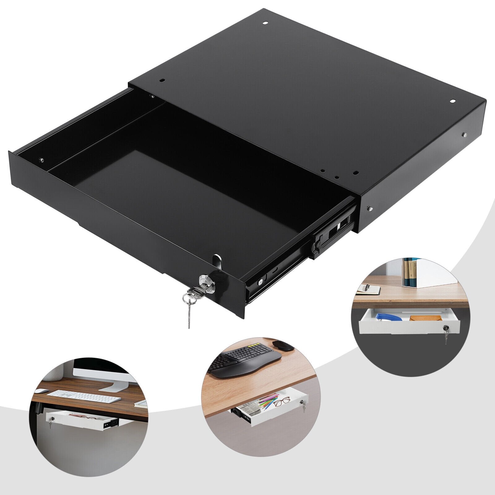 Black Rectangular Under Desk Mounted Iron Drawer Storage with Keys E40411