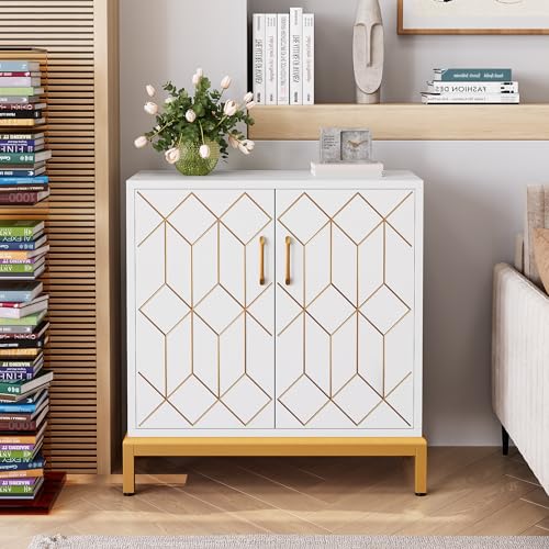 White Freestanding Sideboard Cabinet with Doors and Gold Legs N9410