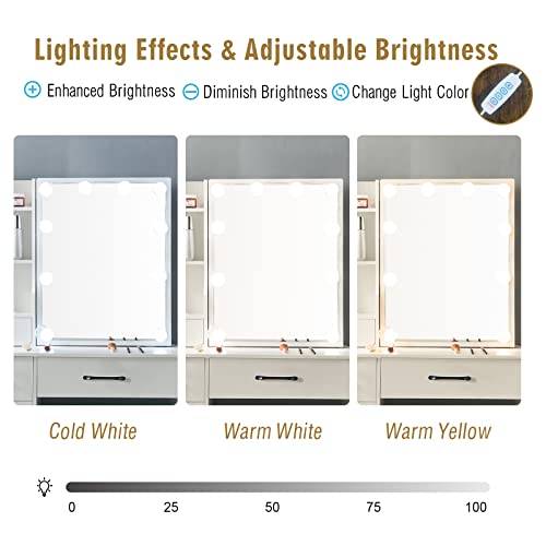 White Vanity Desk with Makeup Mirror and 10 Lights, 3 Color Mode Dimmable Sliding Lighted Mirror, 6 Large Drawers and 3 Level Storage Shelves, Upholstered Stool N56243