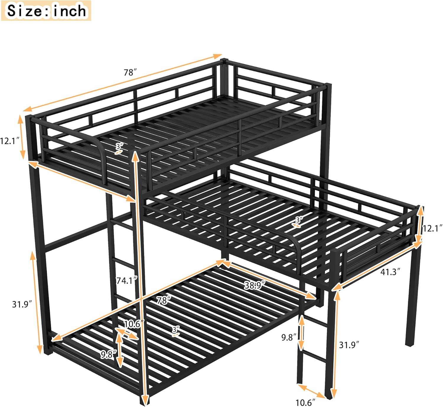 Black L-Shaped Triple Bunk Bed E145626