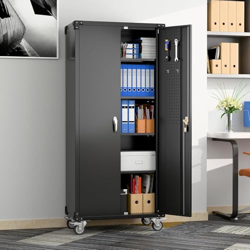 Black 72" H Metal Storage Cabinet with 2 Doors and 4 Adjustable Shelves U96977