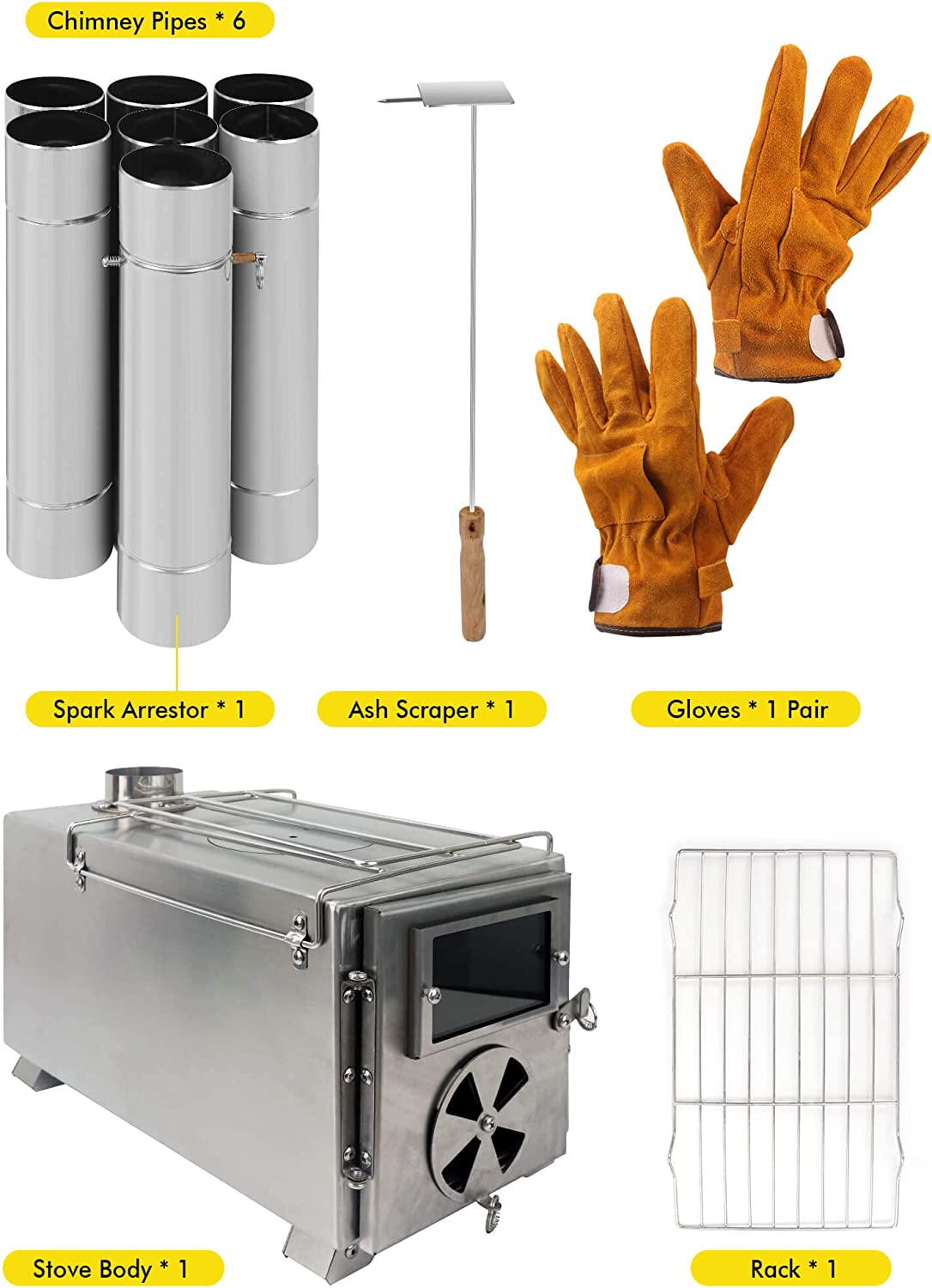 304 Stainless Steel Wood Burning Stove with Chimney Pipes B3653