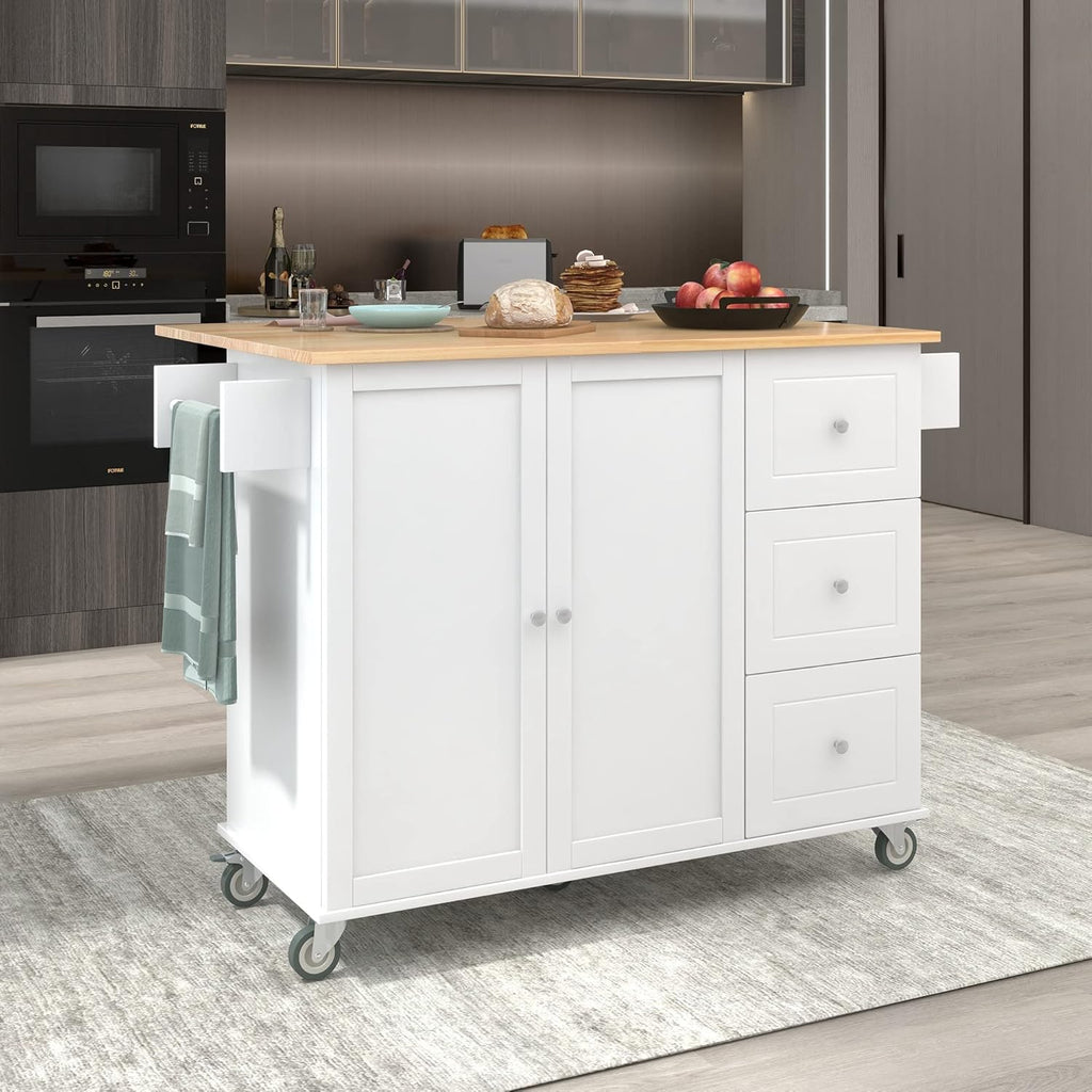 White Kitchen Island with 3 Drawers and Rolling Cart P231749