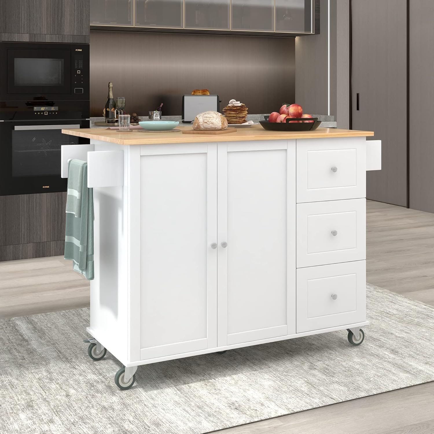 White Kitchen Island with 3 Drawers and Rolling Cart P231749