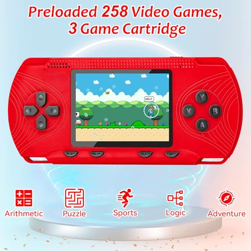 Handheld Game Console with 258 Video Games & 3 Cartridges, 3.0'' Screen V442