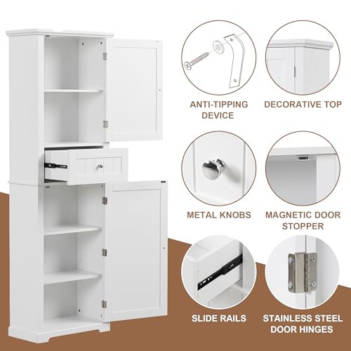 White Tall Bathroom Storage Cabinet with 2 Doors, 5 Shelves, 1 Drawer N324