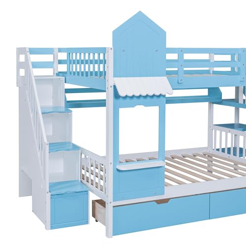 Gray Solid Wood Twin Over Twin Bunk Bed with Stairs and Slide B3312