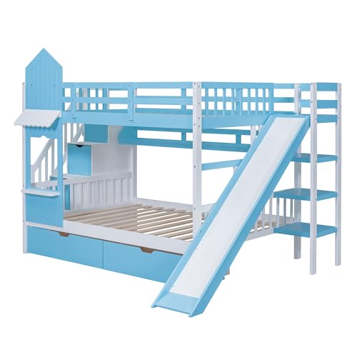 Gray Solid Wood Twin Over Twin Bunk Bed with Stairs and Slide B3312