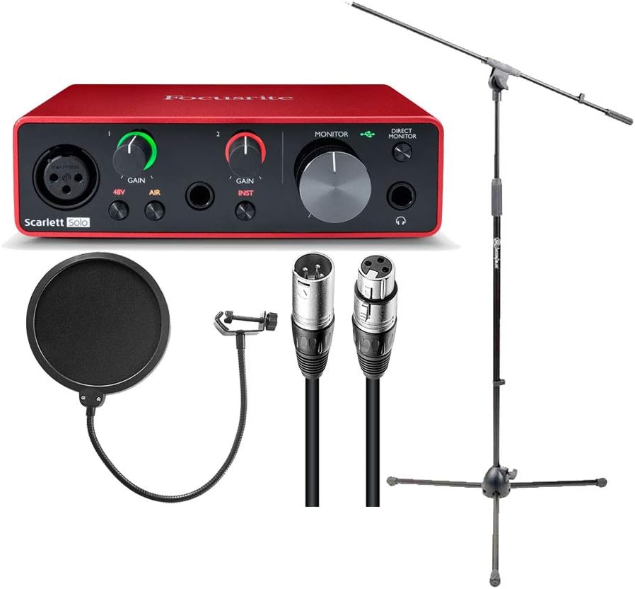 USB Audio Interface Bundle with Boom Stand, Pop Filter, XLR Cable (4 Items) M674218
