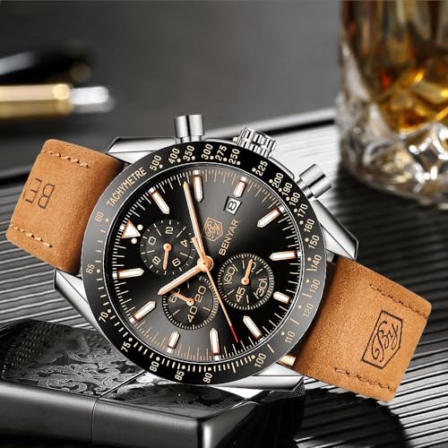 Mens Watches Analog Quartz Chronograph Waterproof Wrist Watches with Calendar Leather Stainless Steel Strap C110