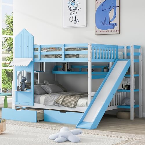 Gray Solid Wood Twin Over Twin Bunk Bed with Stairs and Slide B3312