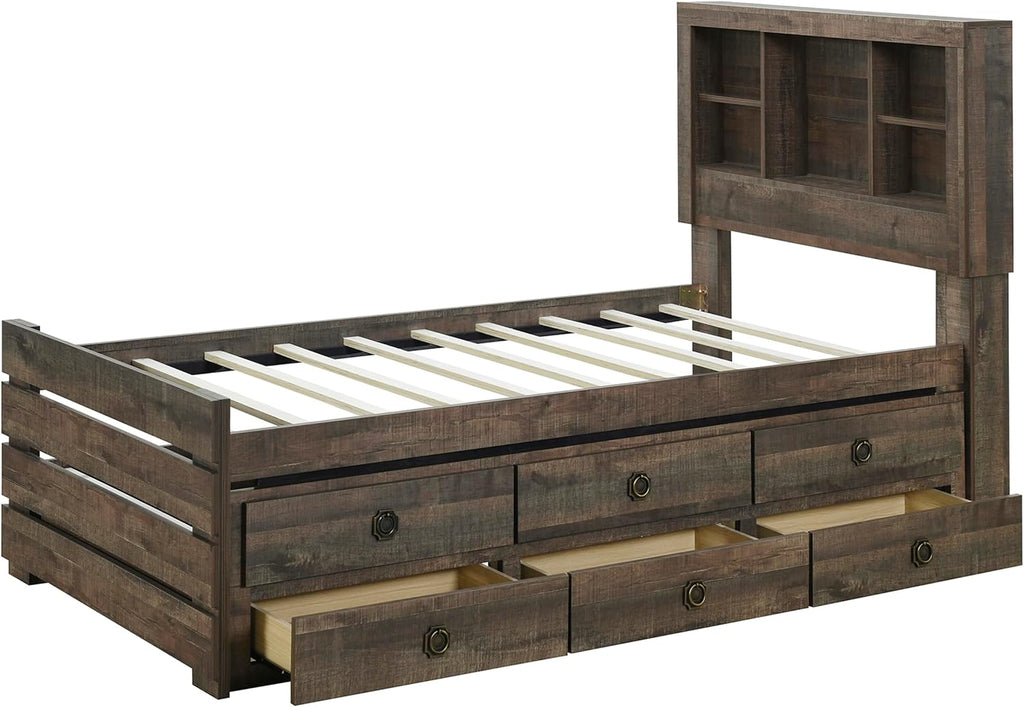 Twin Size Bookcase Captain Bed with Three Drawers and Trundle, Rustic Brown W123
