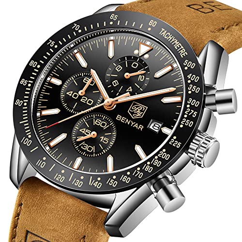 Mens Watches Analog Quartz Chronograph Waterproof Wrist Watches with Calendar Leather Stainless Steel Strap C110