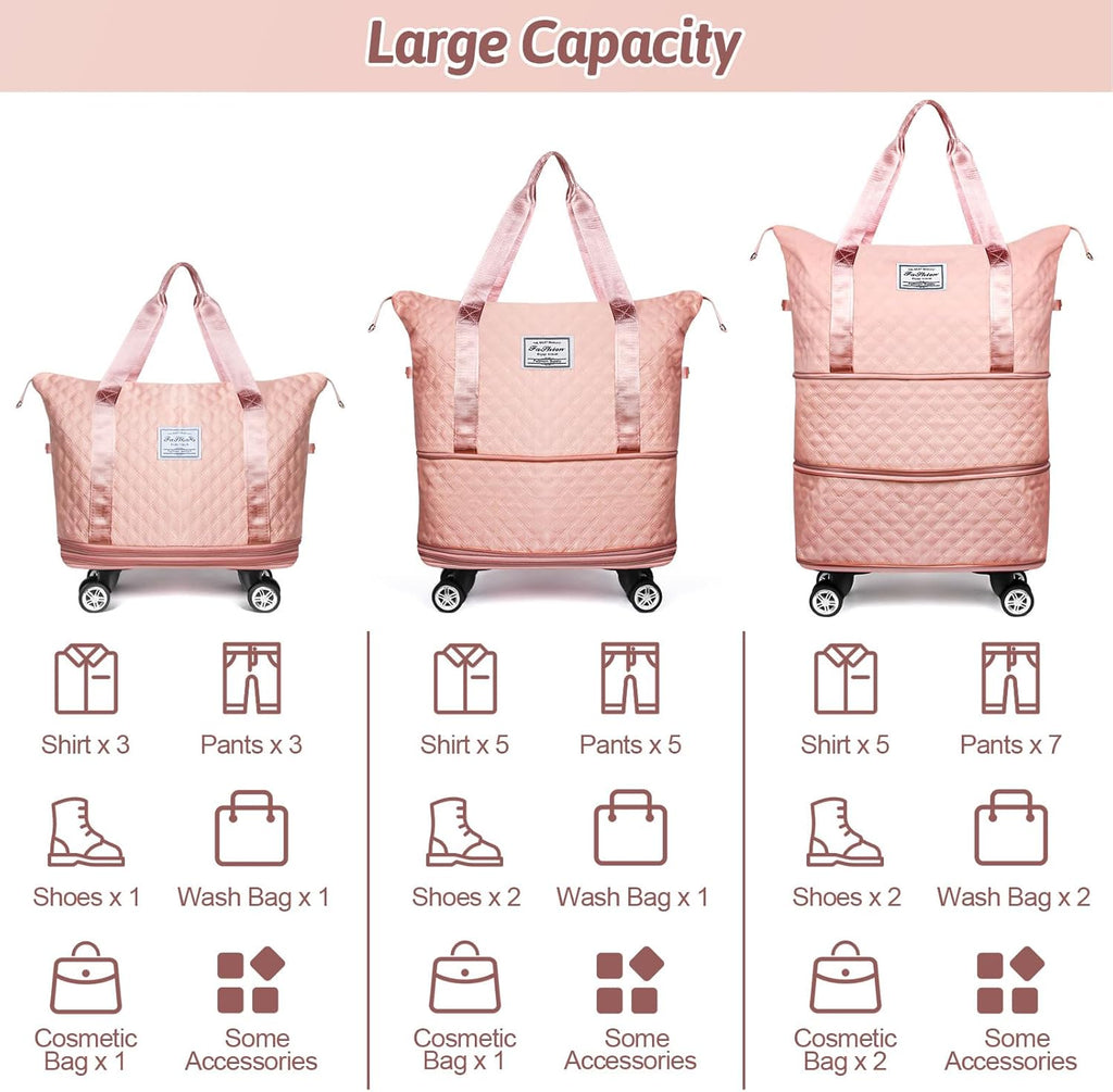 Pink Rolling Duffle Bag with Wheels and Handle Y9443