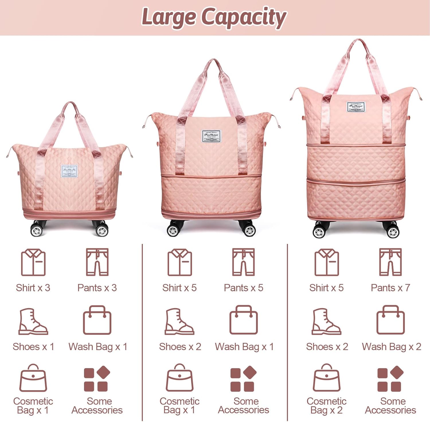 Pink Rolling Duffle Bag with Wheels and Handle Y9443
