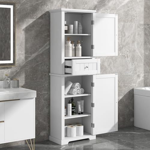 White Tall Bathroom Storage Cabinet with 2 Doors, 5 Shelves, 1 Drawer N324