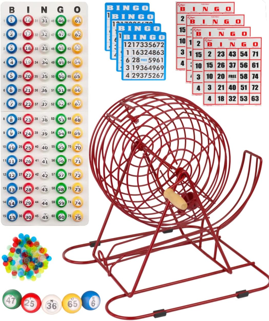 11” Red Bingo Cage with 50 Jumbo Reusable Cards, 18 Standard Bingo Cards, 150 Chips, Master Board, 75 Bingo Balls G804