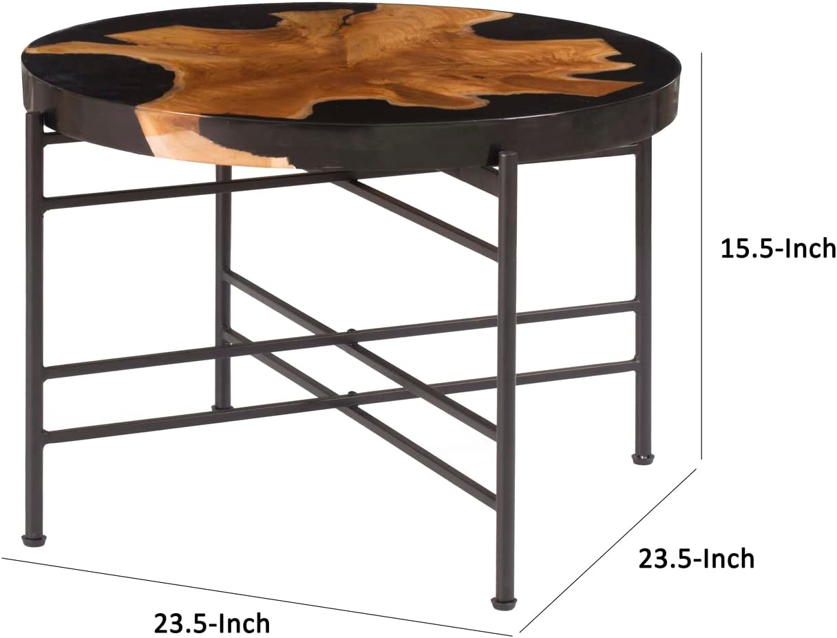 24 Inch Round Accent Side Table, Teak Root Wood and Iron, Brown, Black I76375