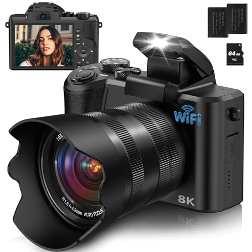 8K Digital Camera, 88MP, WiFi, Touch Screen, 16X Zoom, Autofocus, Anti-Shake, Dual Camera, 2 Batteries, 64GB Card, Flash, Lens Hood P24850