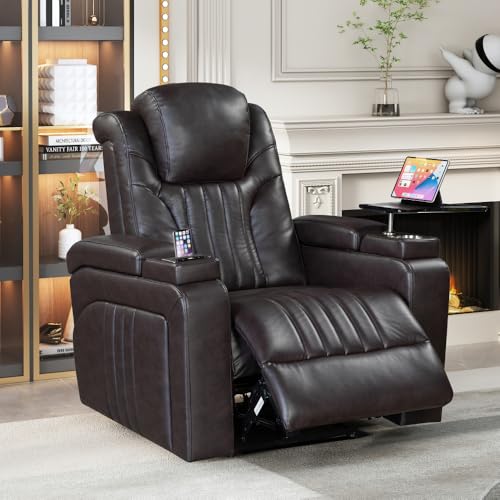 Brown Power Recliner with Power Adjustable Headrest, Wireless Charging Device, USB Port, Storage Arms, Cup Holder and Swivel Tray Table J52197