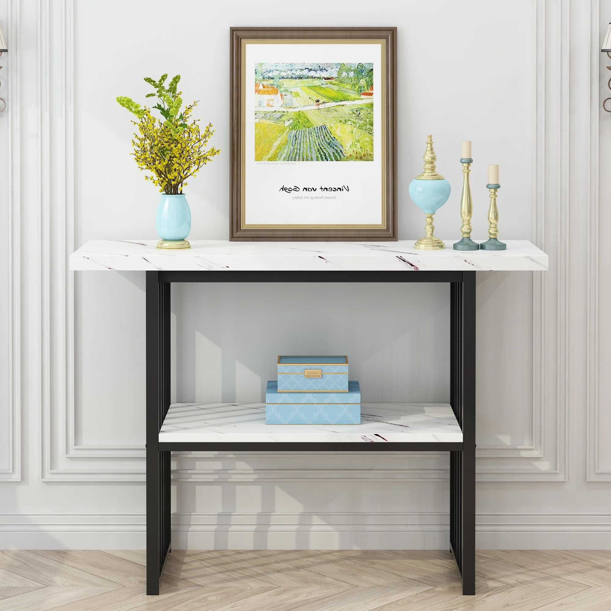 Black 42-Inch Narrow Console Table with Faux Marble Top and Metal Legs V26379