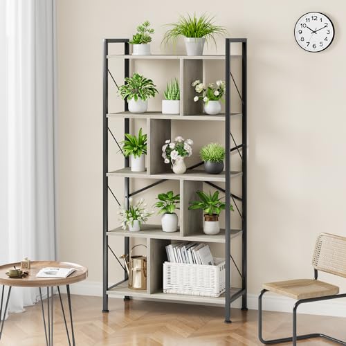 5 Tier Rustic Brown Bookshelf with Metal Frame M7552