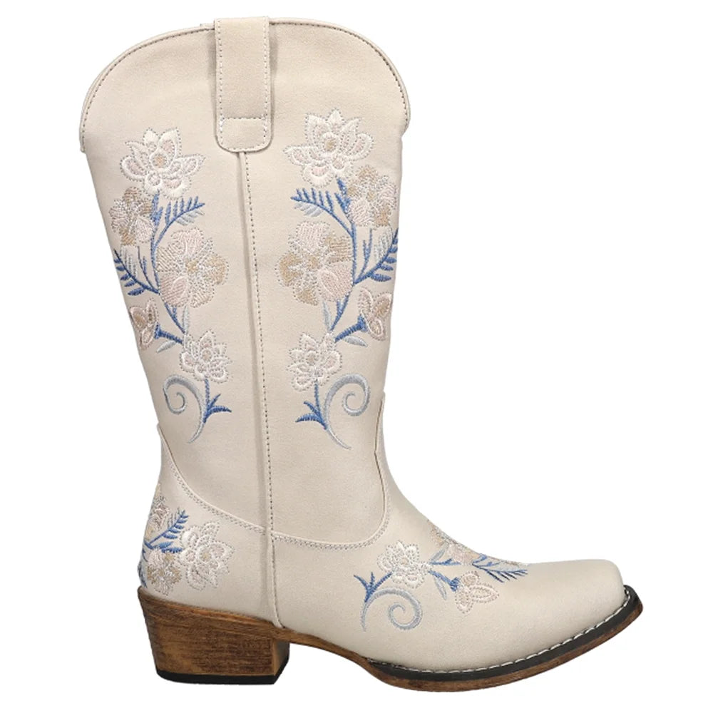 Womens Floral Embroidery Snip Toe Casual Boots Mid Calf Low Heel Q511532