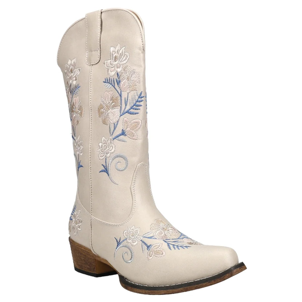 Womens Floral Embroidery Snip Toe Casual Boots Mid Calf Low Heel Q511532