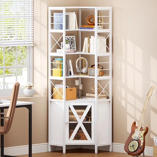 White 7-Tier Corner Bookshelf with Doors J3849