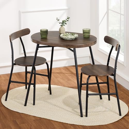3-Piece Oval Dining Table Set with 2 Chairs, Metal Frame, Dark Brown/Black I101727