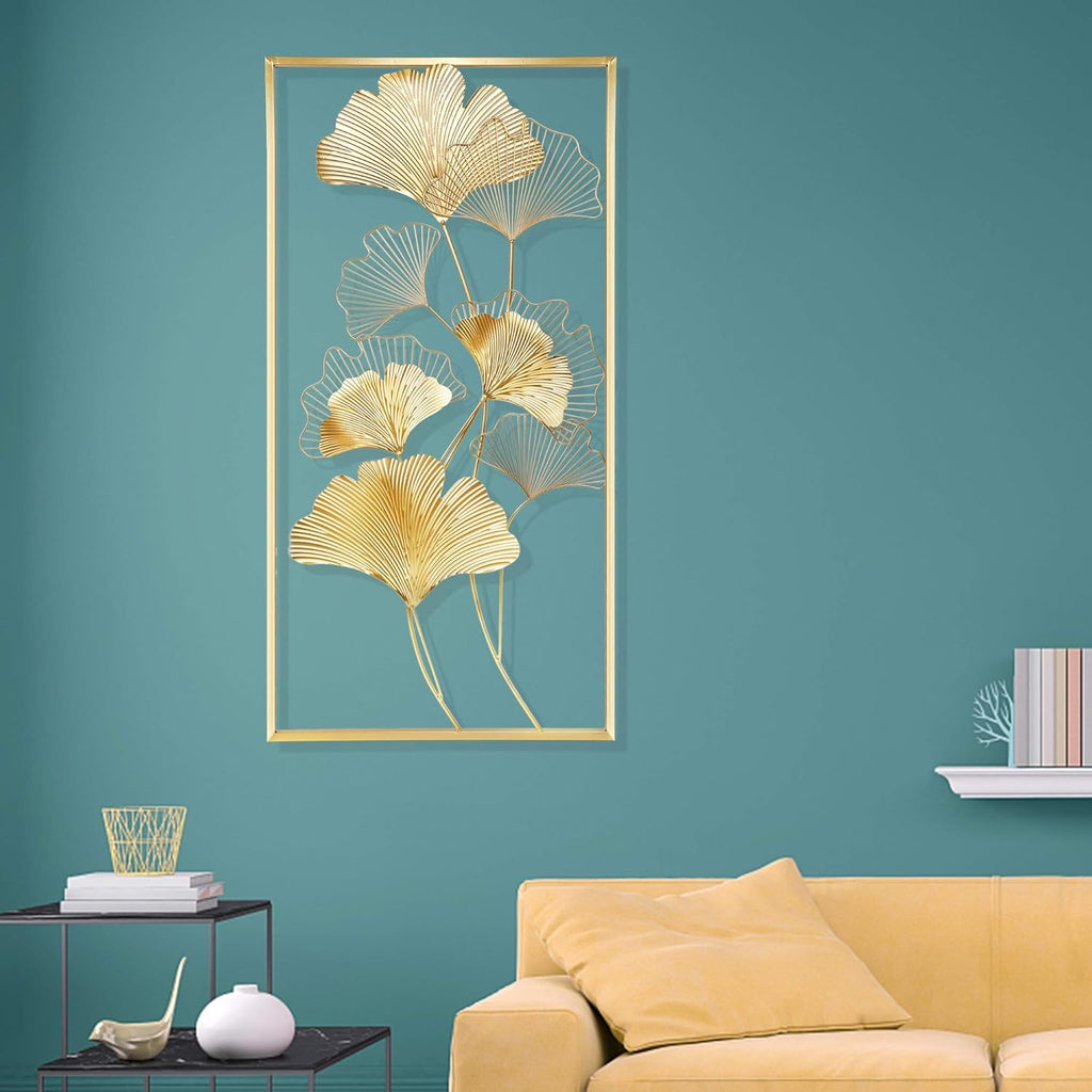 39" X 20" Golden Metal Ginkgo Leaf Wall Hanging Decor O3361