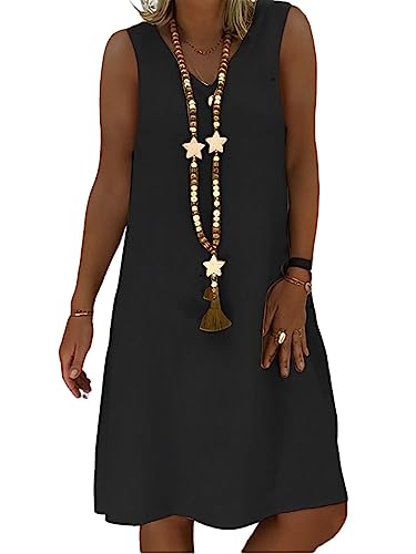 Women's Casual Summer Cotton Linen Midi Dress V Neck Sleeveless Shift Dress I2300