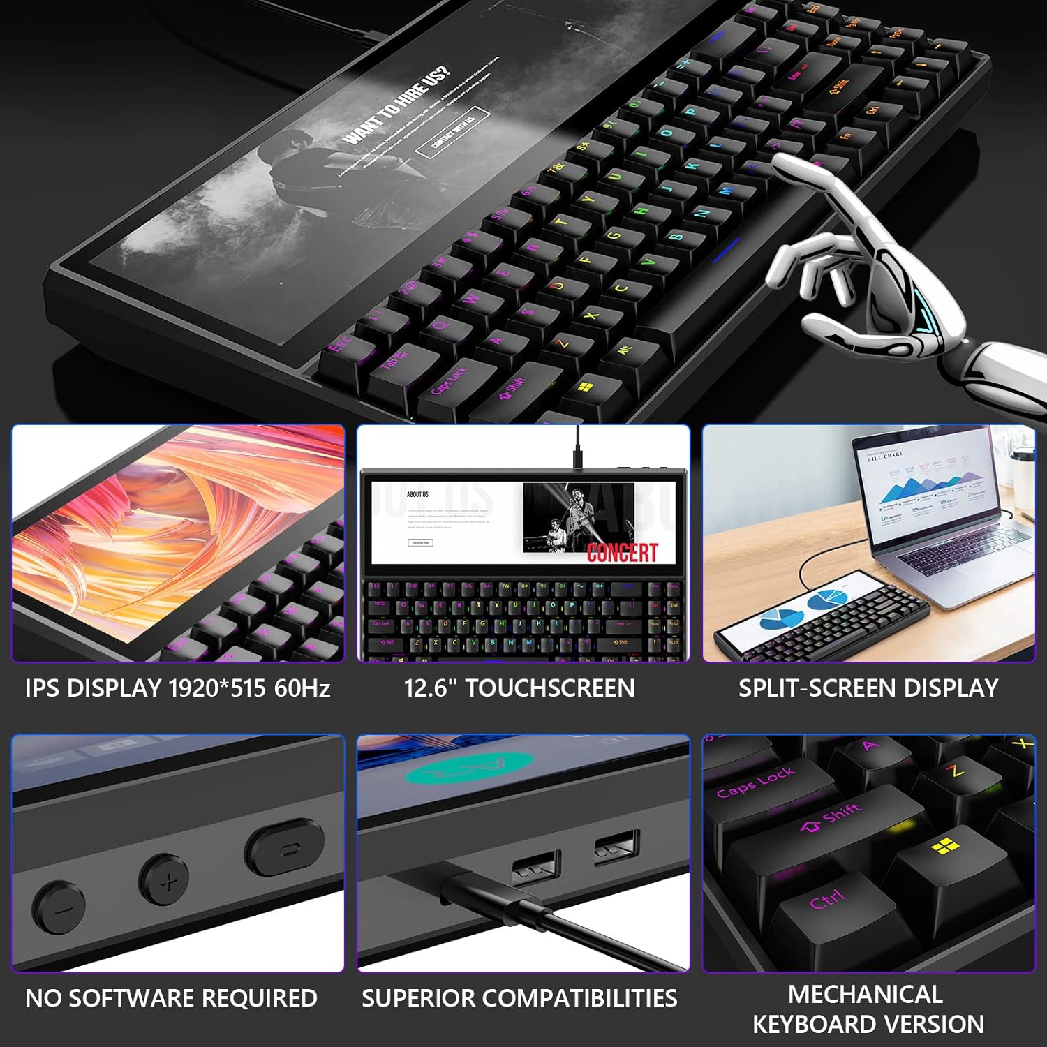 Mechanical Keyboard with Touchscreen, 71 Keys RGB LED Backlit, Black B818214