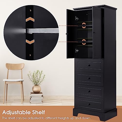 68.1" Tall Storage Cabinet with 2 Doors and 4 Drawers, Adjustable Shelf, MDF Board with Painted Finish, Solid Wood Frame (Black) G47535