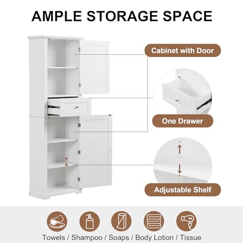 White Tall Bathroom Storage Cabinet with 2 Doors, 5 Shelves, 1 Drawer N324