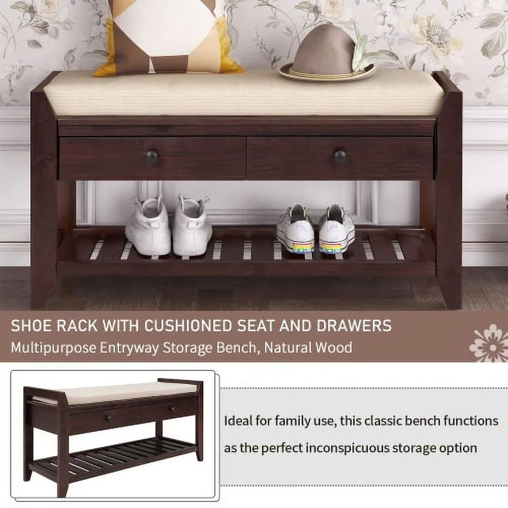 Espresso Shoe Rack with Cushioned Seat and Drawers J126