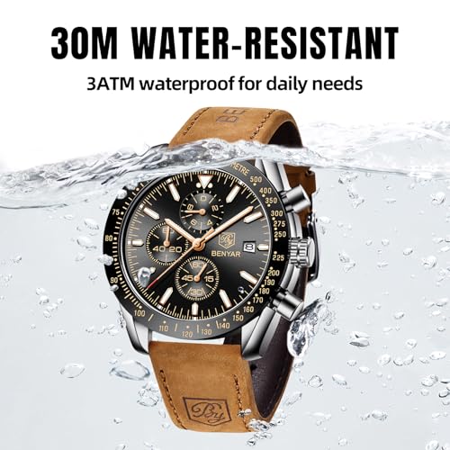 Mens Watches Analog Quartz Chronograph Waterproof Wrist Watches with Calendar Leather Stainless Steel Strap C110