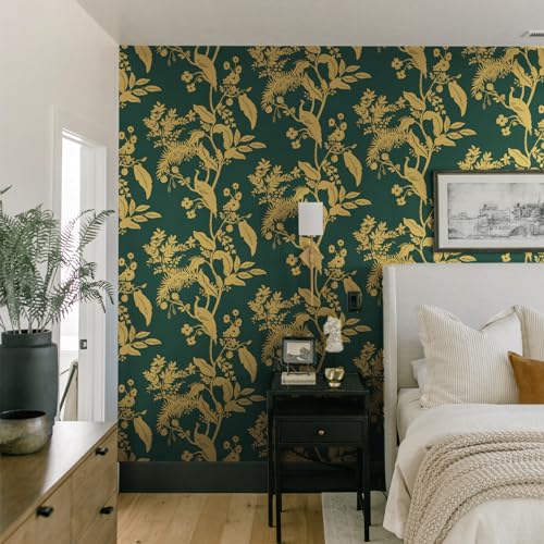 Dark Green Gold Vintage Floral Peel and Stick Wallpaper 17.3" X 118" K225