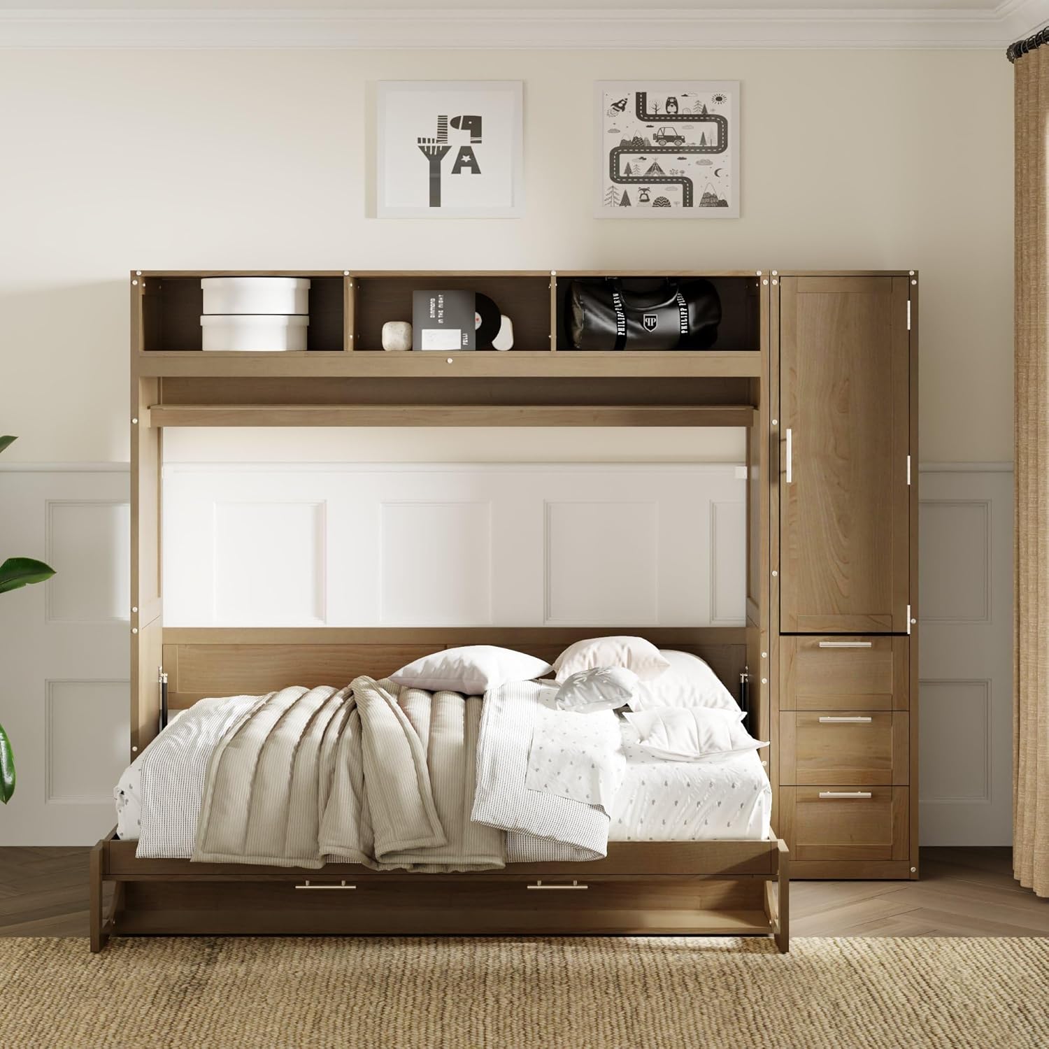 Full Size Murphy Bed Frame with Wardrobe, 3 Drawers and Open Shelves T428