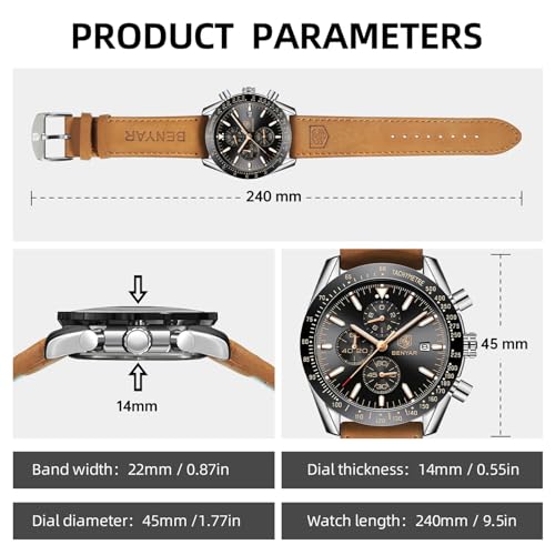 Mens Watches Analog Quartz Chronograph Waterproof Wrist Watches with Calendar Leather Stainless Steel Strap C110