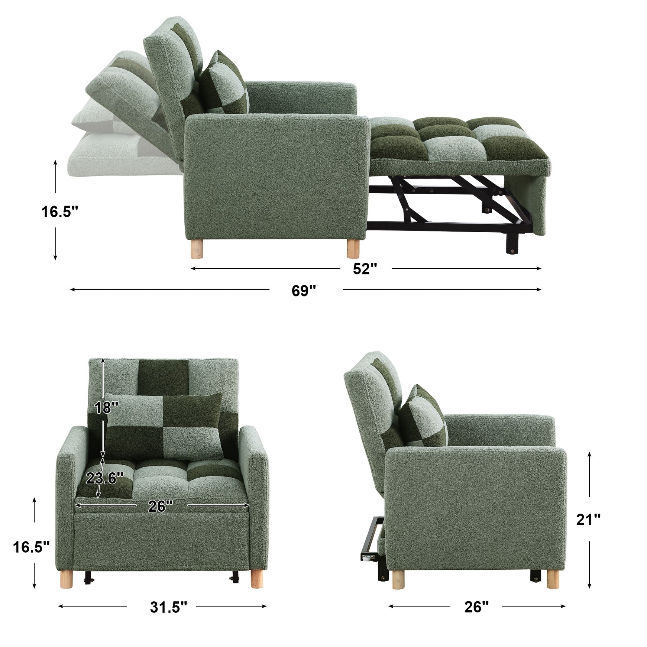 Convertible Sleeper Sofa Chair Bed with Pillow Teddy Fabric O687