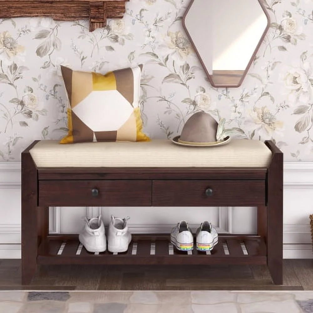 Espresso Shoe Rack with Cushioned Seat and Drawers J126
