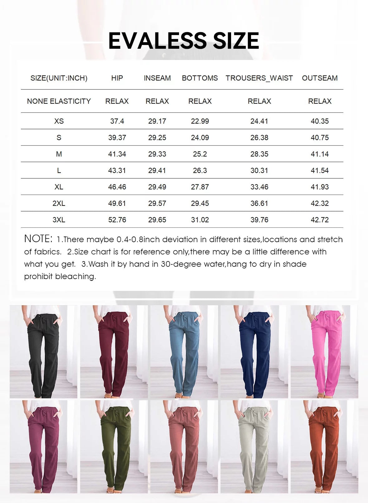 Black Linen Straight Leg Elastic Waist Pants with Pockets 2XL D299414
